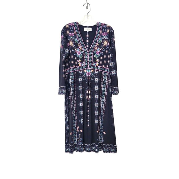 Hale Bob Dresses & Skirts - HALE BOB Jersey Midi Dress Women's Large Black Multi Floral Print V-Neck